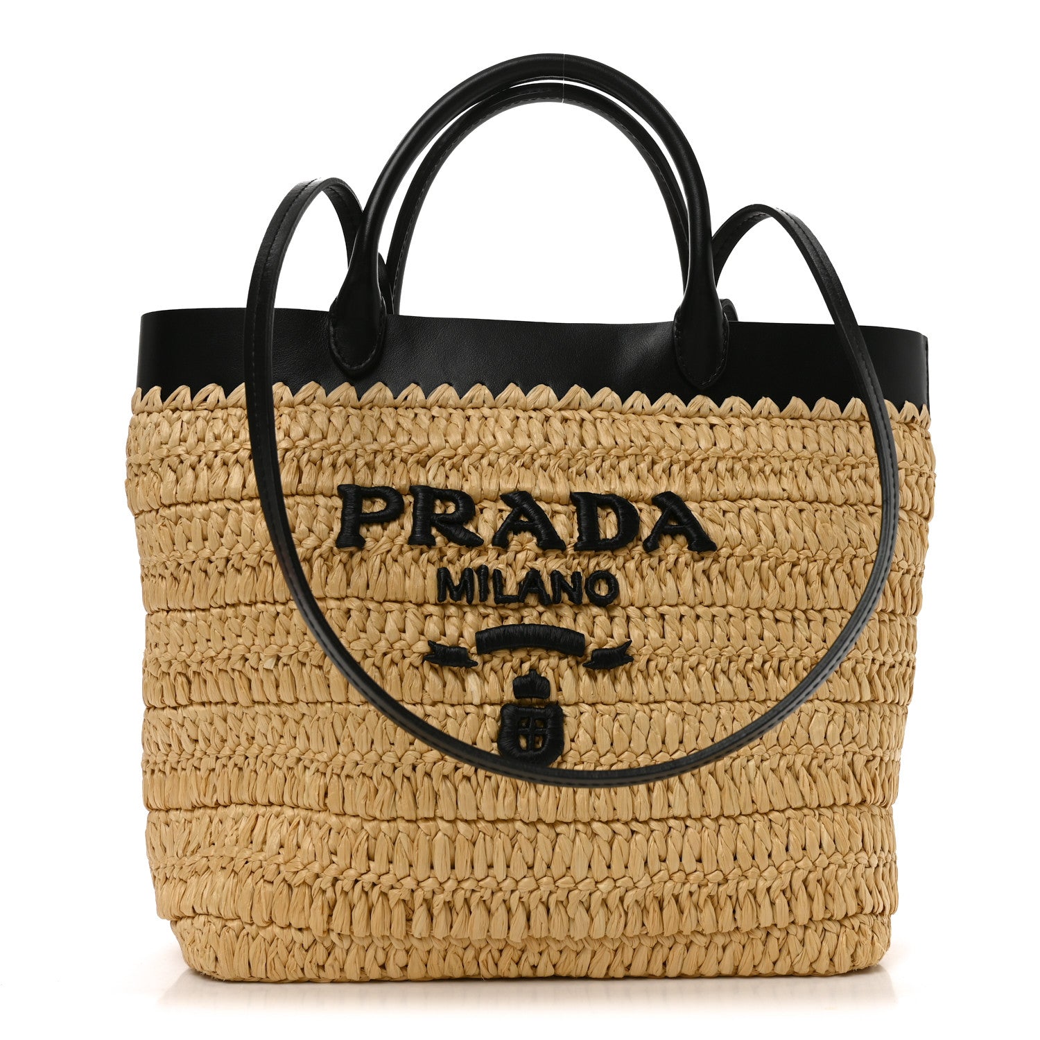 Yarn Raffia Effect Calfskin Crochet Embroidered Medium Logo Tote Tan Black