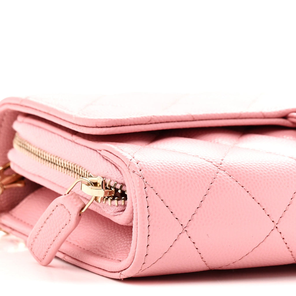 Caviar Quilted Phone Holder Wallet on Removable Chain Pink
