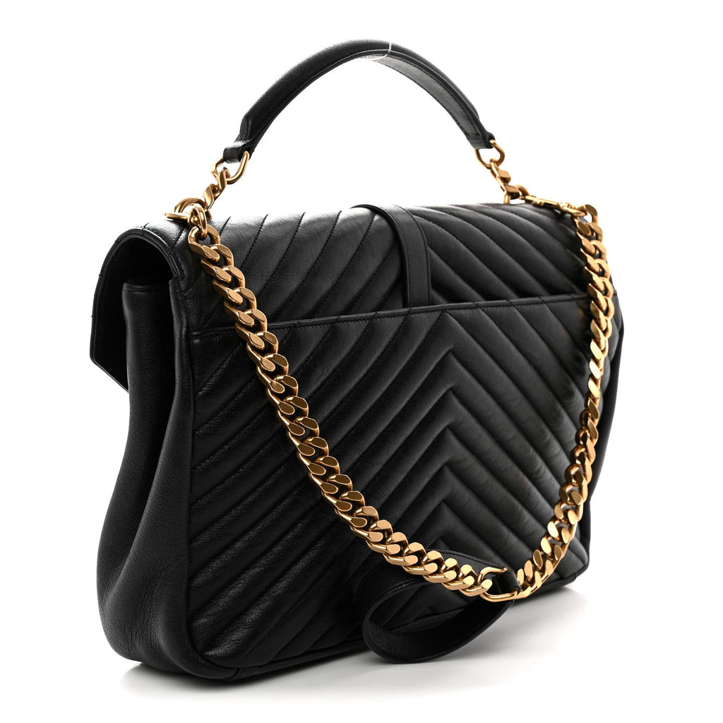 Sheepskin Matelasse Chevron Monogram Large College Satchel Black