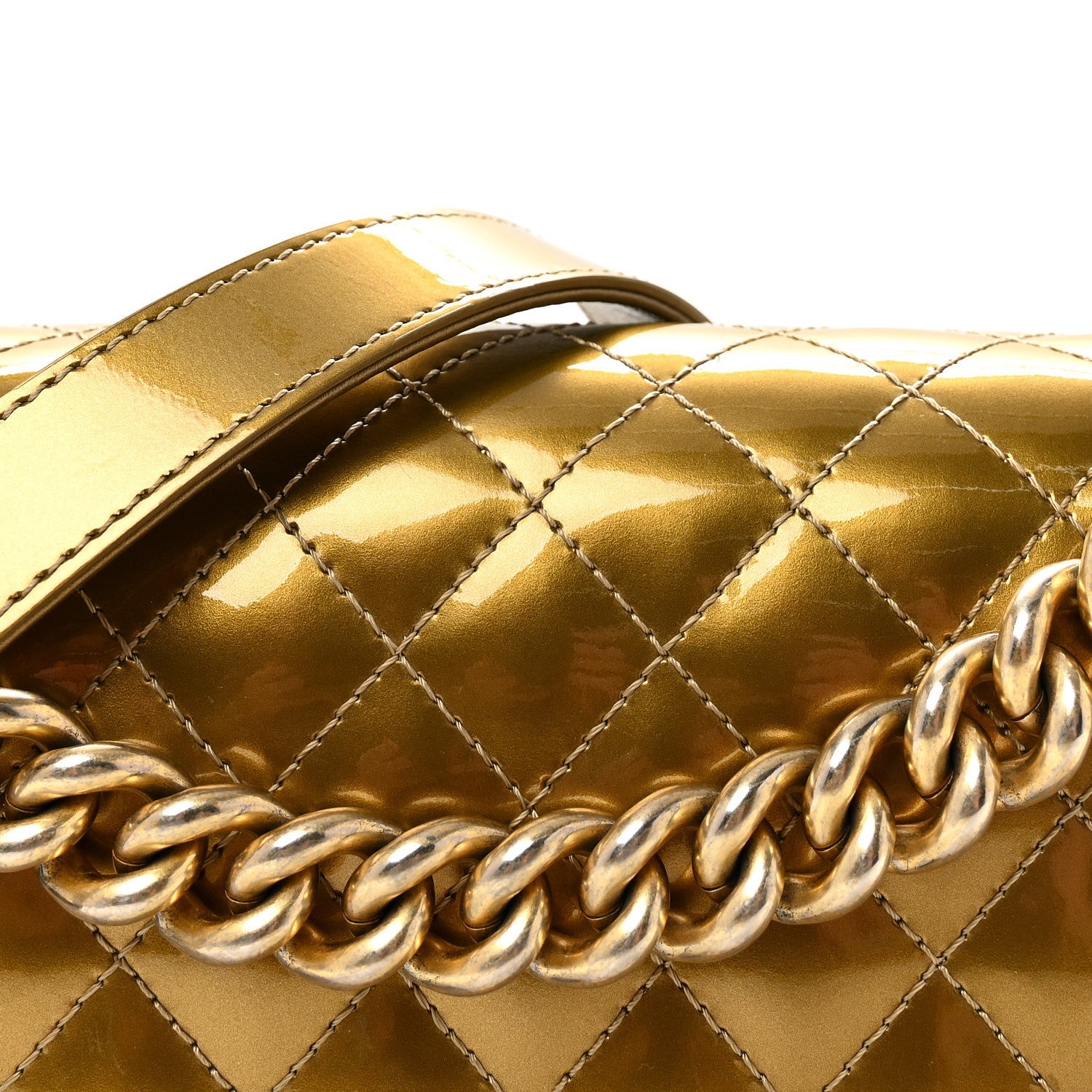 Metallic Patent Calfskin Quilted Medium Boy Flap Gold