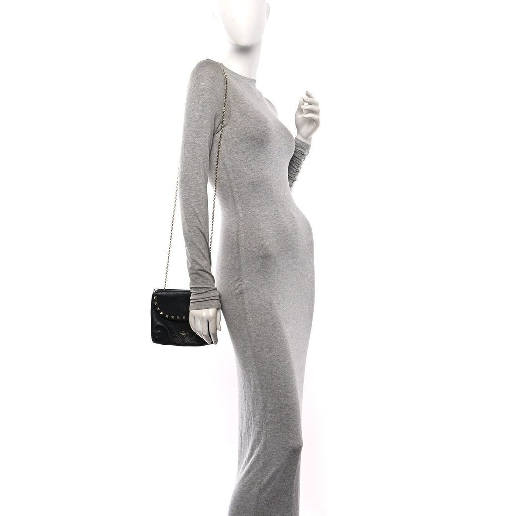 Pebbled Calfskin Rockstud Double Pocket Chain Crossbody Black