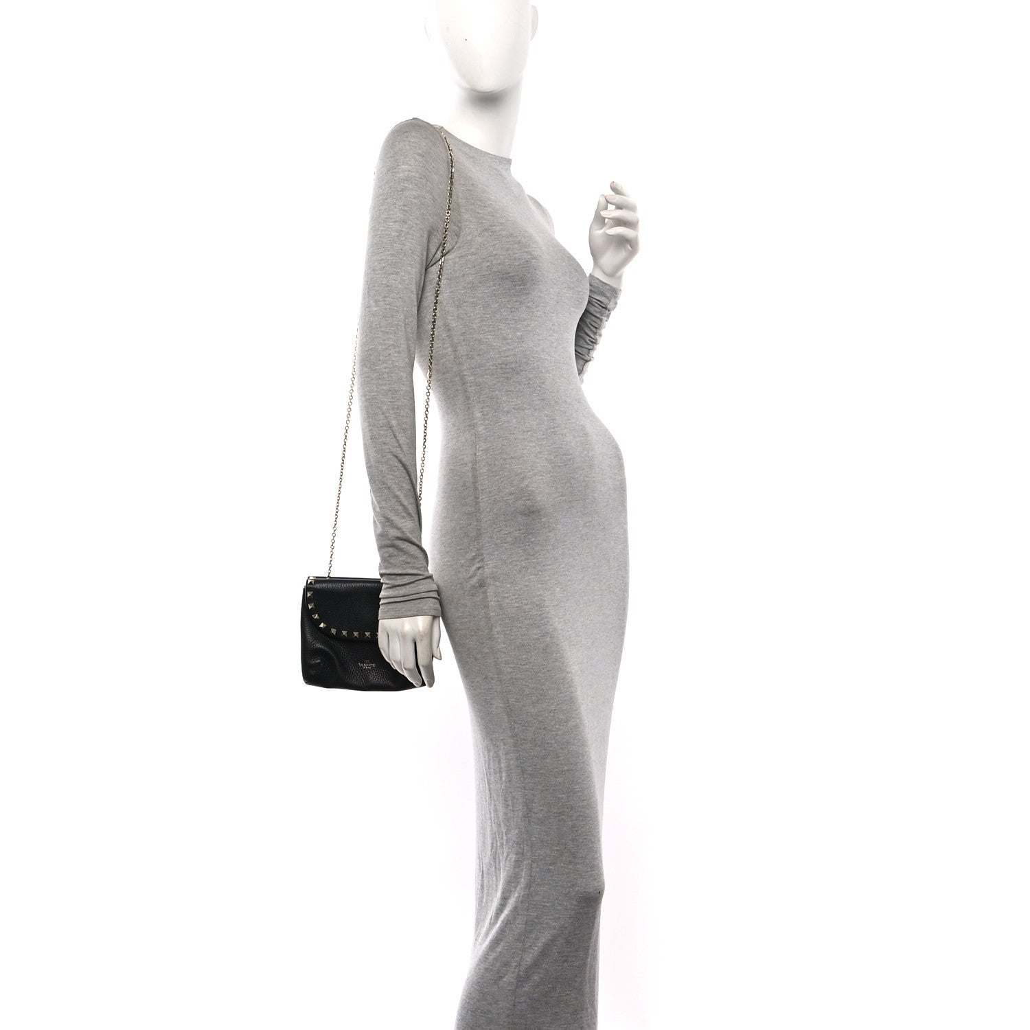 Pebbled Calfskin Rockstud Double Pocket Chain Crossbody Black