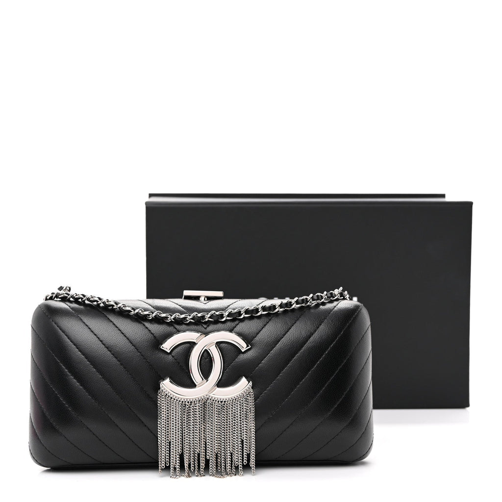 Lambskin Chevron Quilted CC Fringe Clutch Black