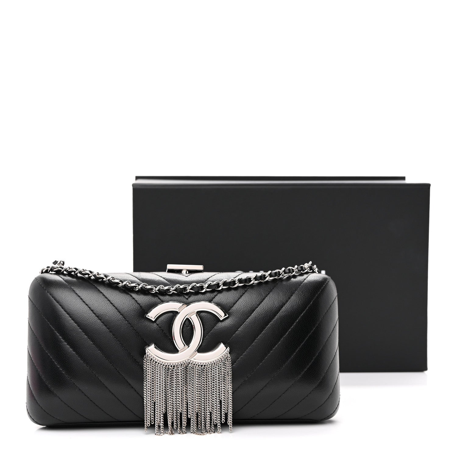 Lambskin Chevron Quilted CC Fringe Clutch Black