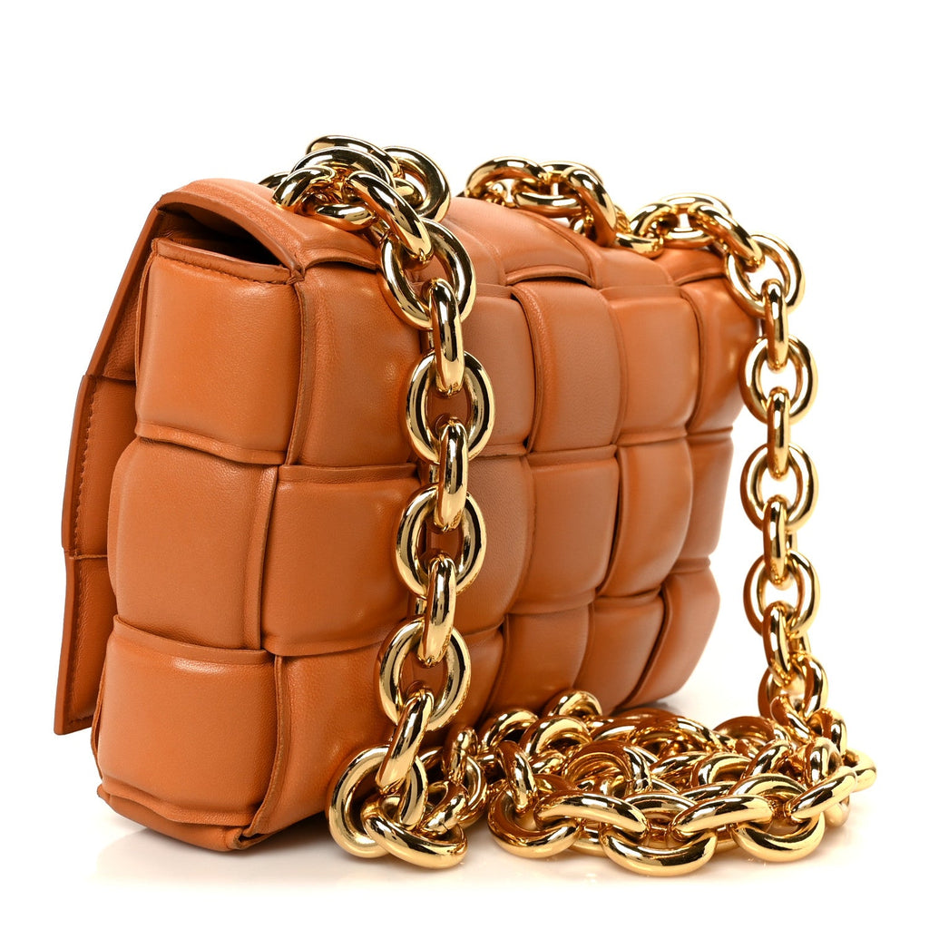 Lambskin Maxi Intreccio Padded Chain Cassette Crossbody Bag Caramel