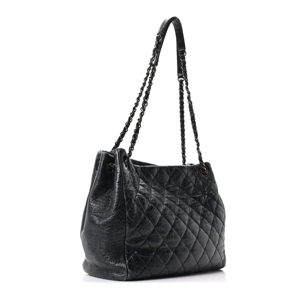 Glazed Calfskin Quilted Tote Navy