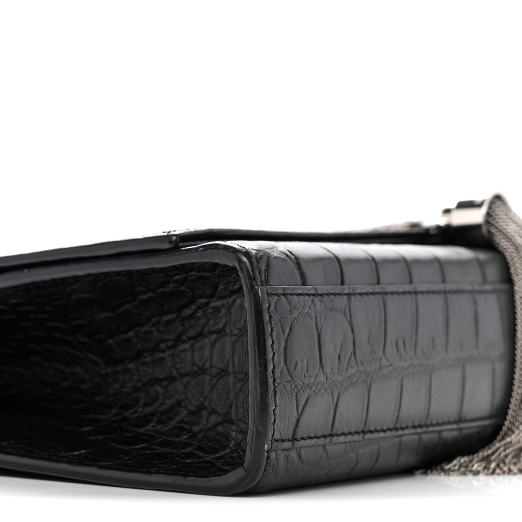 Calfskin Crocodile Embossed Medium Classic Monogram Kate Tassel Satchel Black