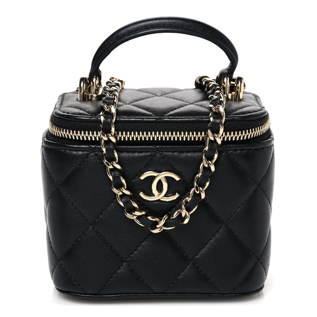 Lambskin Quilted Top Handle Mini Vanity Case With Chain Black