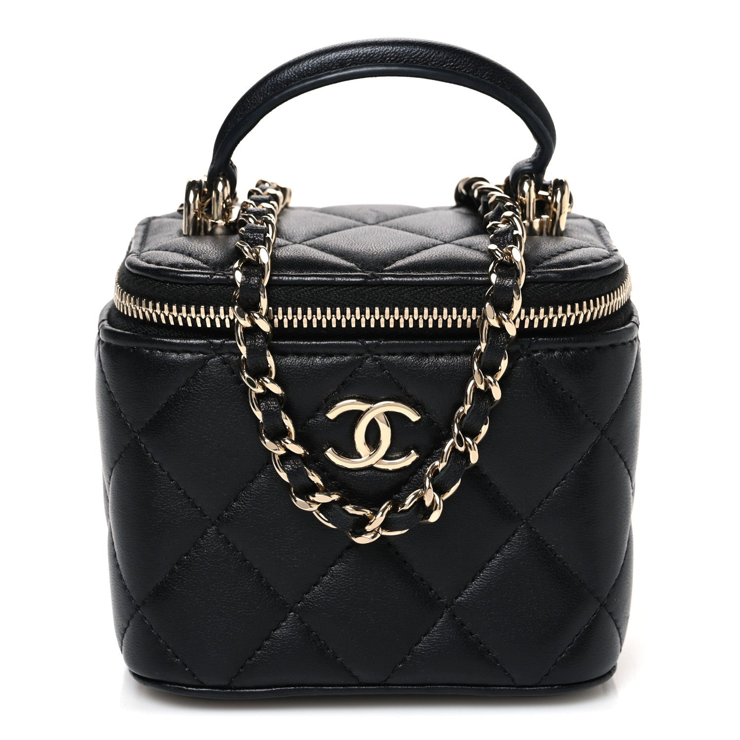 Lambskin Quilted Top Handle Mini Vanity Case With Chain Black