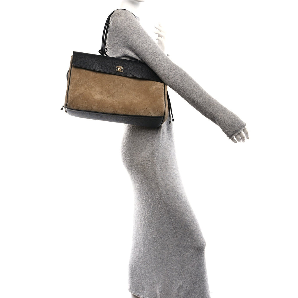 Grained Calfskin Suede Urban Essentials Large Shopping Bag  Dark Beige Black