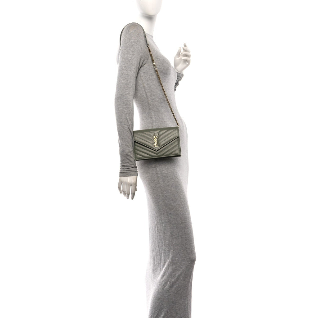 Grain De Poudre Matelasse Chevron Monogram Envelope Chain Wallet Light Sage