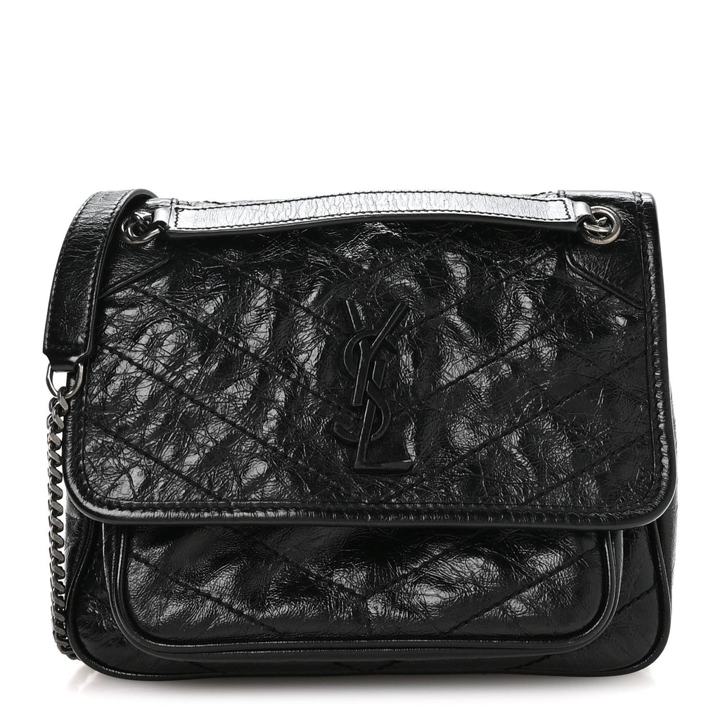 Crinkled Calfskin Matelasse Monogram Baby Niki Chain Satchel Black