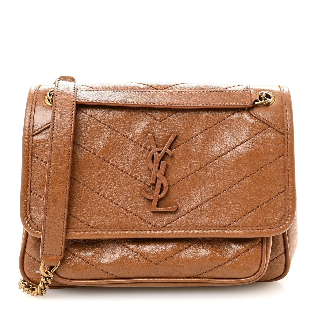 Crinkled Calfskin Matelasse Monogram Baby Niki Chain Satchel Light Caramel
