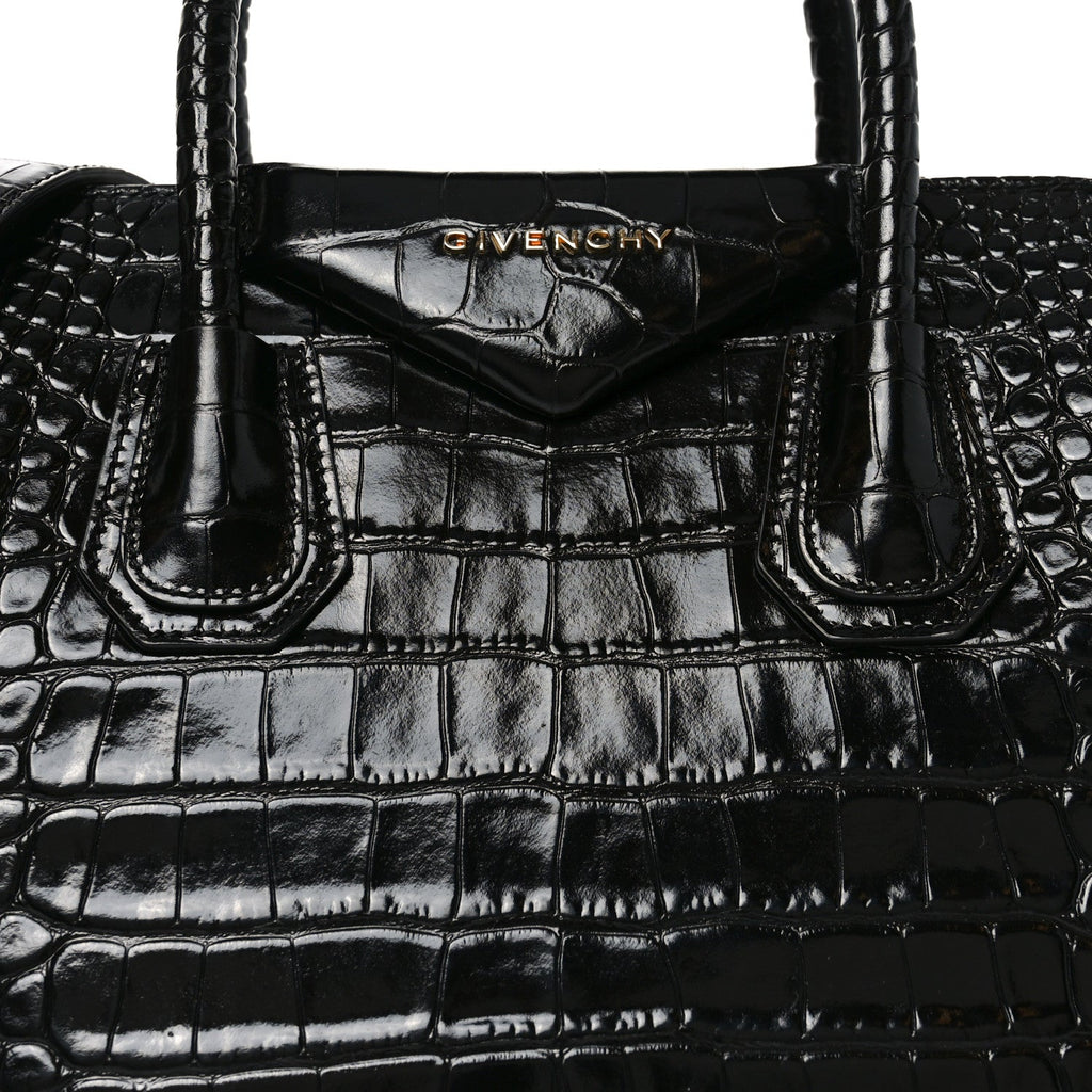 Calfskin Crocodile Embossed Small Antigona Black
