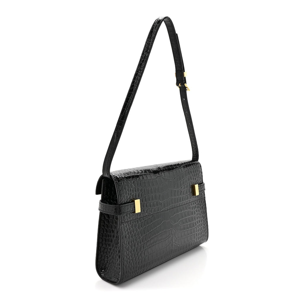 Shiny Calfskin Crocodile Embossed Small Manhattan Baguette Black Black
