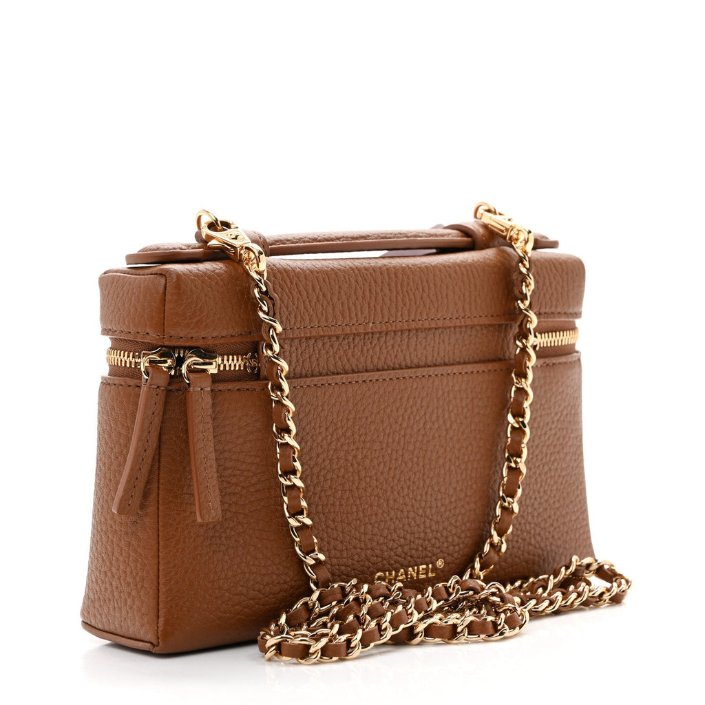 Grained Calfskin Top Handle Slim Vanity Case With Chain Camel Camel