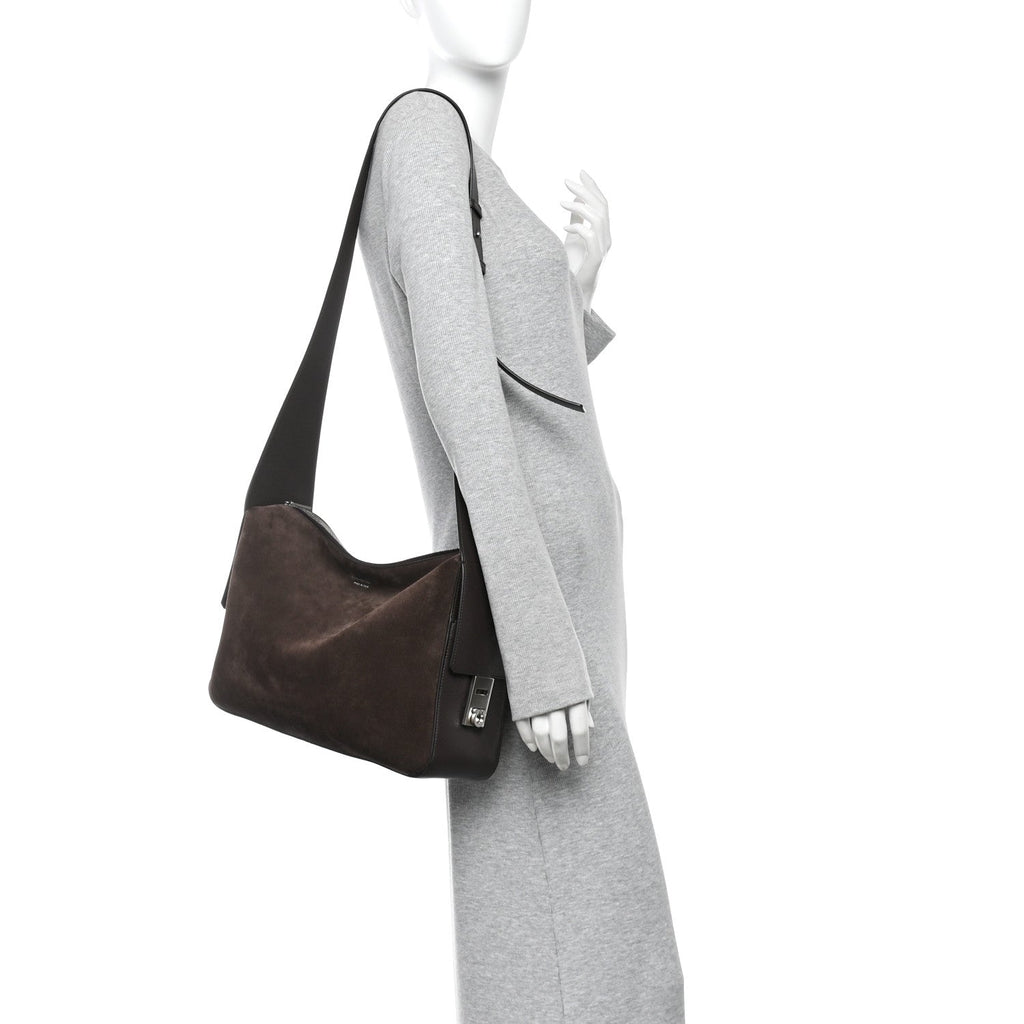 Suede Calfskin Gancini Twins Slouchy Crossbody Bag Brown