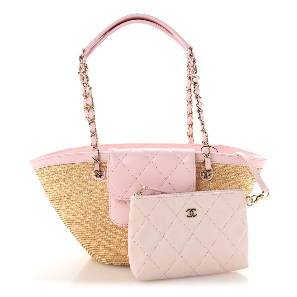 Raffia Braided Lambskin Small Wicker Tote Beige Light Pink