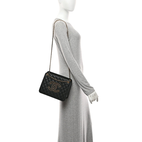 Calfskin Quilted CC Chain Accordion Tote Black