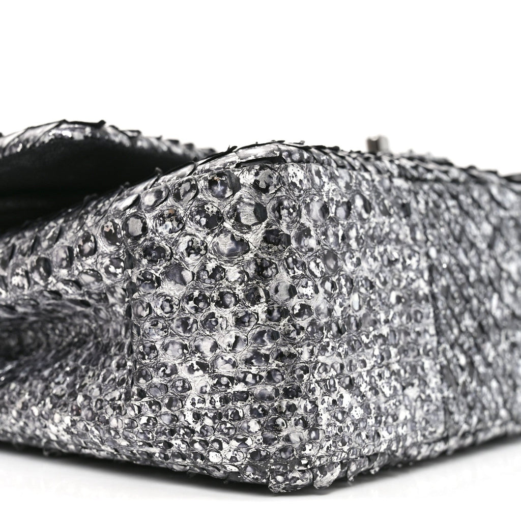 Metallic Snakeskin Medium Double Flap Black Silver