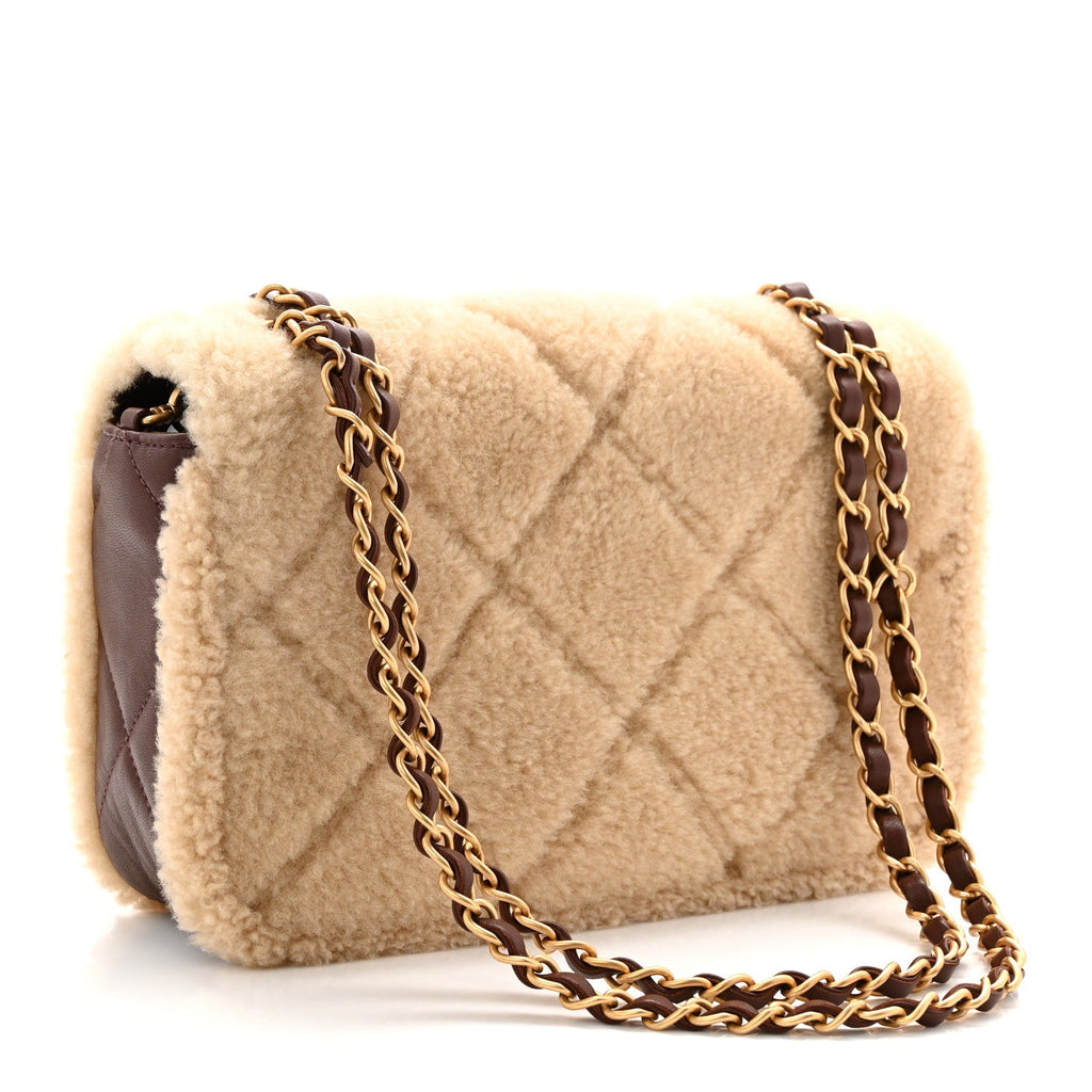 Shearling Lambskin Quilted Furry Coco Flap Beige Dark Brown