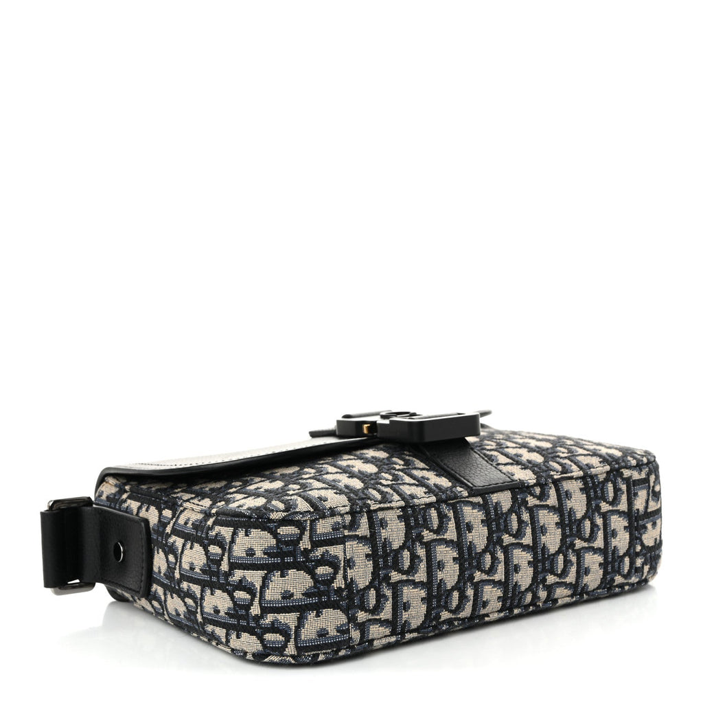Oblique Jacquard Grained Calfskin Small Saddle Messenger Bag Beige Black
