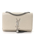 Calfskin Crocodile Embossed Small Classic Monogram Kate Tassel Satchel Blanc Vintage
