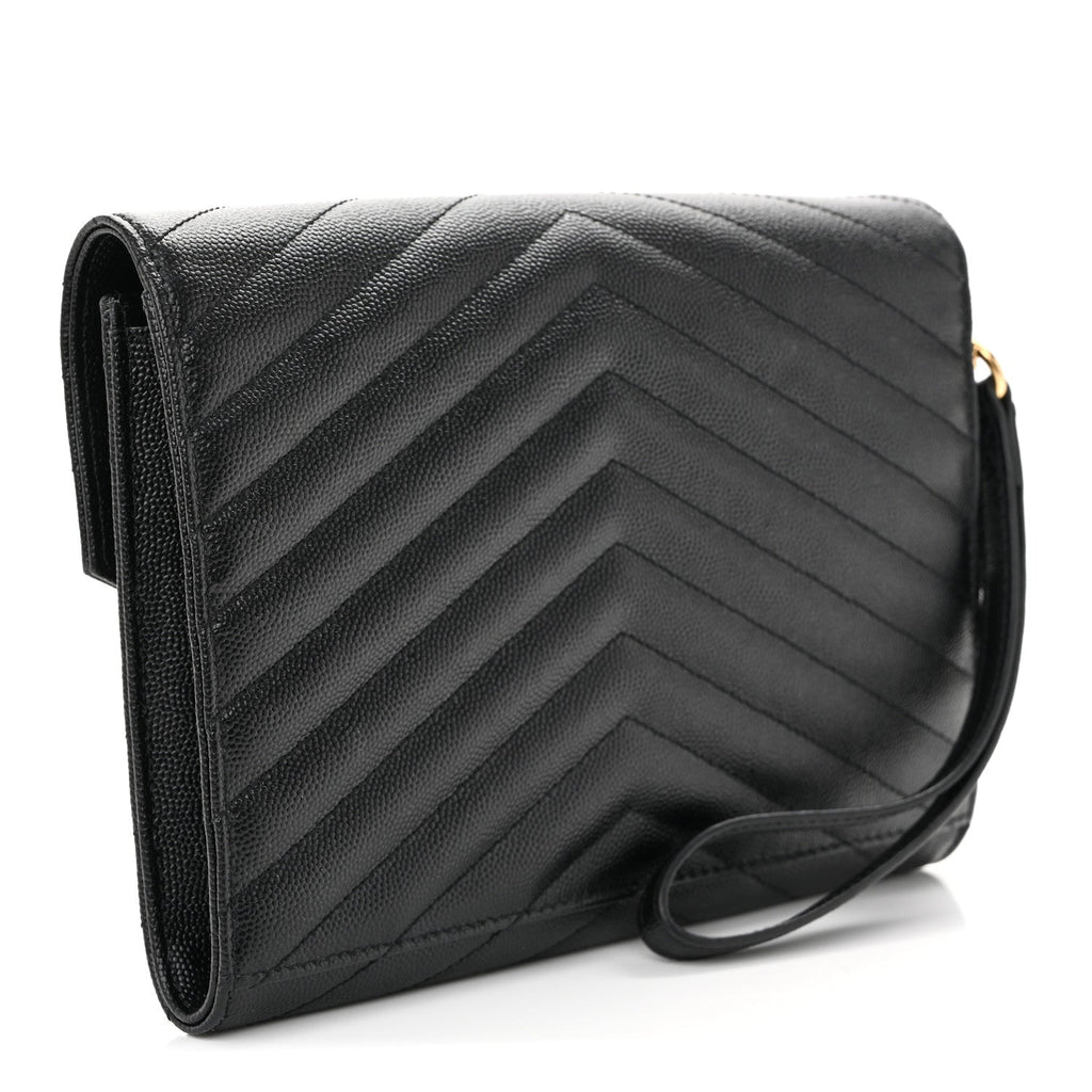 Grain De Poudre Matelasse Chevron Monogram Envelope Clutch Black