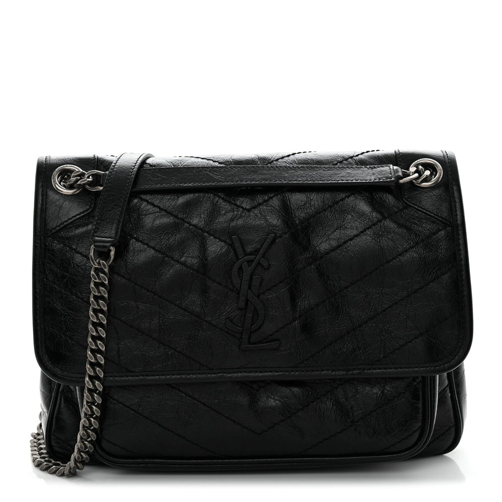 Crinkled Calfskin Matelasse Monogram Medium Niki Chain Satchel Black