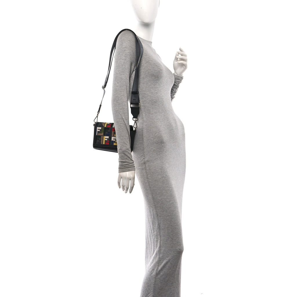 Canvas Vitello King Seta FF Embroidered Mini Compact Messenger Bag Asfalto Multicolor