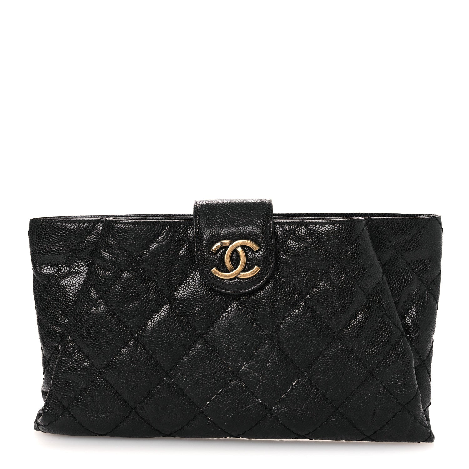 Crumpled Grained Calfskin Quilted Coco Pleats Clutch Black