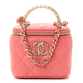 Lambskin Quilted Crystal Top Handle Mini Vanity Case With Chain Coral
