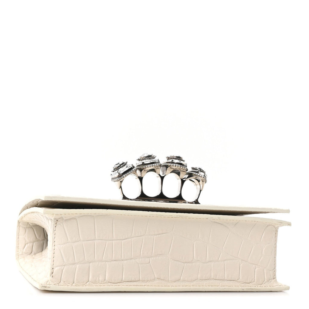 Shiny Calfskin Crocodile Embossed Knuckle Jeweled Crossbody White