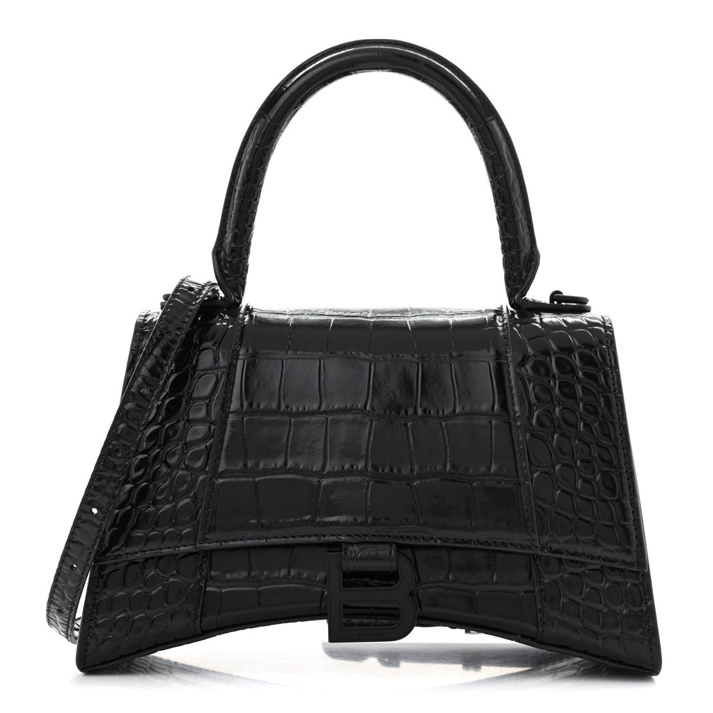 Shiny Calfskin Monochrome Crocodile Embossed Small Hourglass Top Handle Bag Black