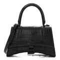 Shiny Calfskin Monochrome Crocodile Embossed Small Hourglass Top Handle Bag Black