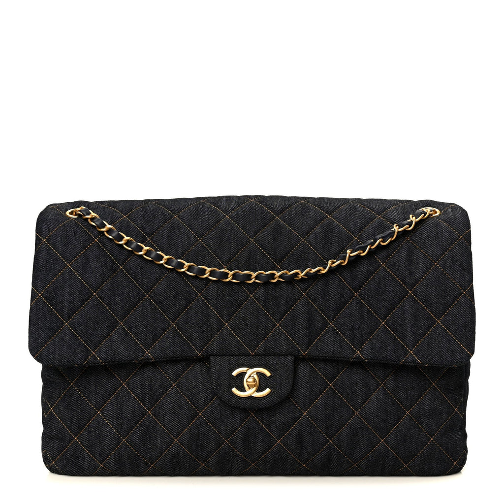 Denim Quilted XXL Travel Flap Bag Dark Blue Orange