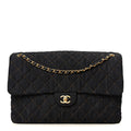Denim Quilted XXL Travel Flap Bag Dark Blue Orange