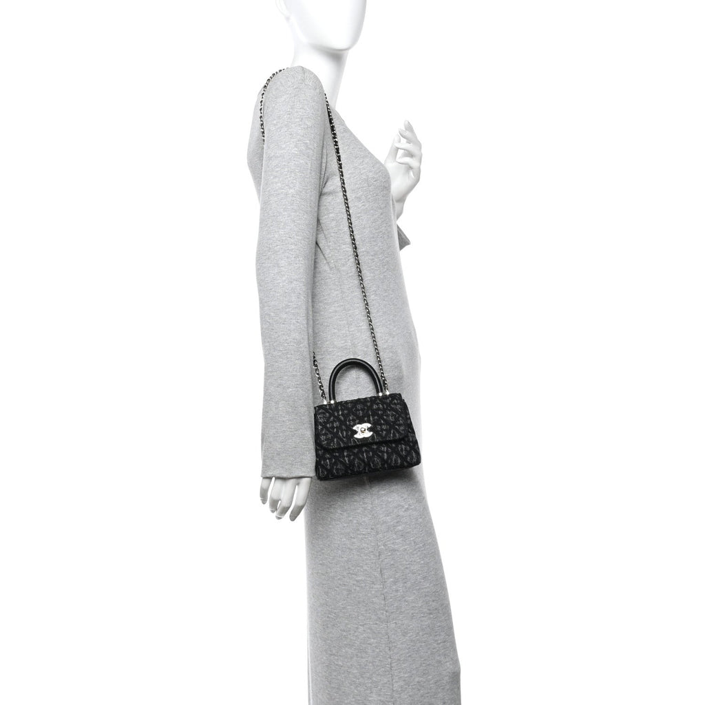 Washed Denim Quilted Coco Handle Clutch With Chain Black