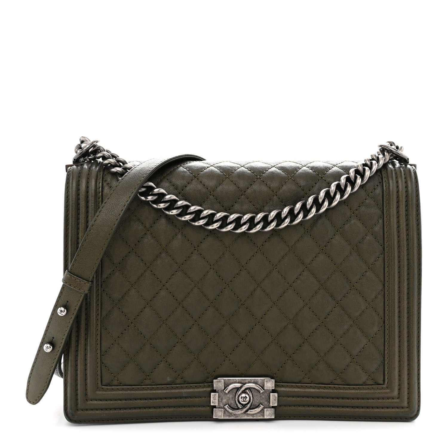 Calfskin Quilted Large Boy Flap Green
