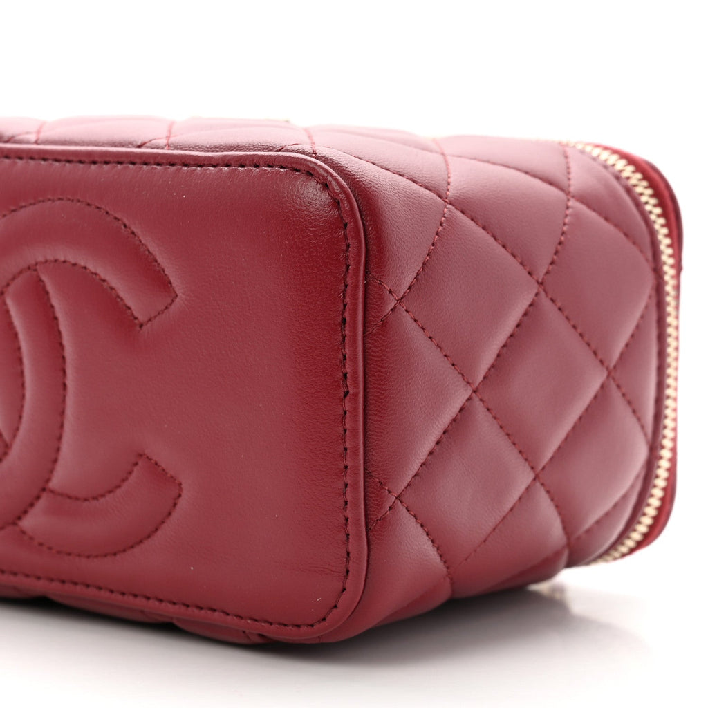 Lambskin Quilted Small Top Handle Vanity Case With Chain Burgundy