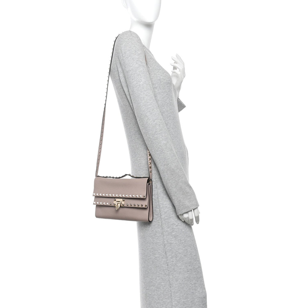 Grainy Calfskin Rockstud Double Flap Crossbody Bag Poudre