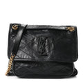 Crinkled Calfskin Matelasse Monogram Medium Niki Chain Satchel Black