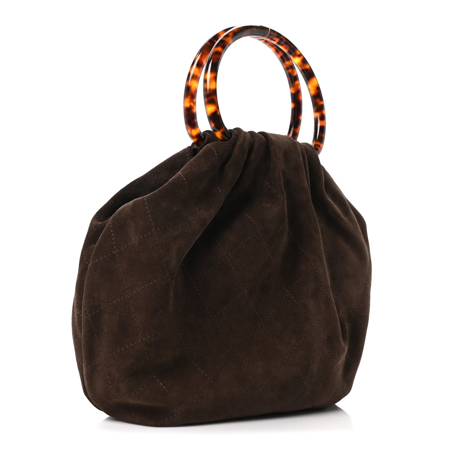 Suede Calfskin Plexiglass Tortoise Shell Quilted Pouch Dark Brown