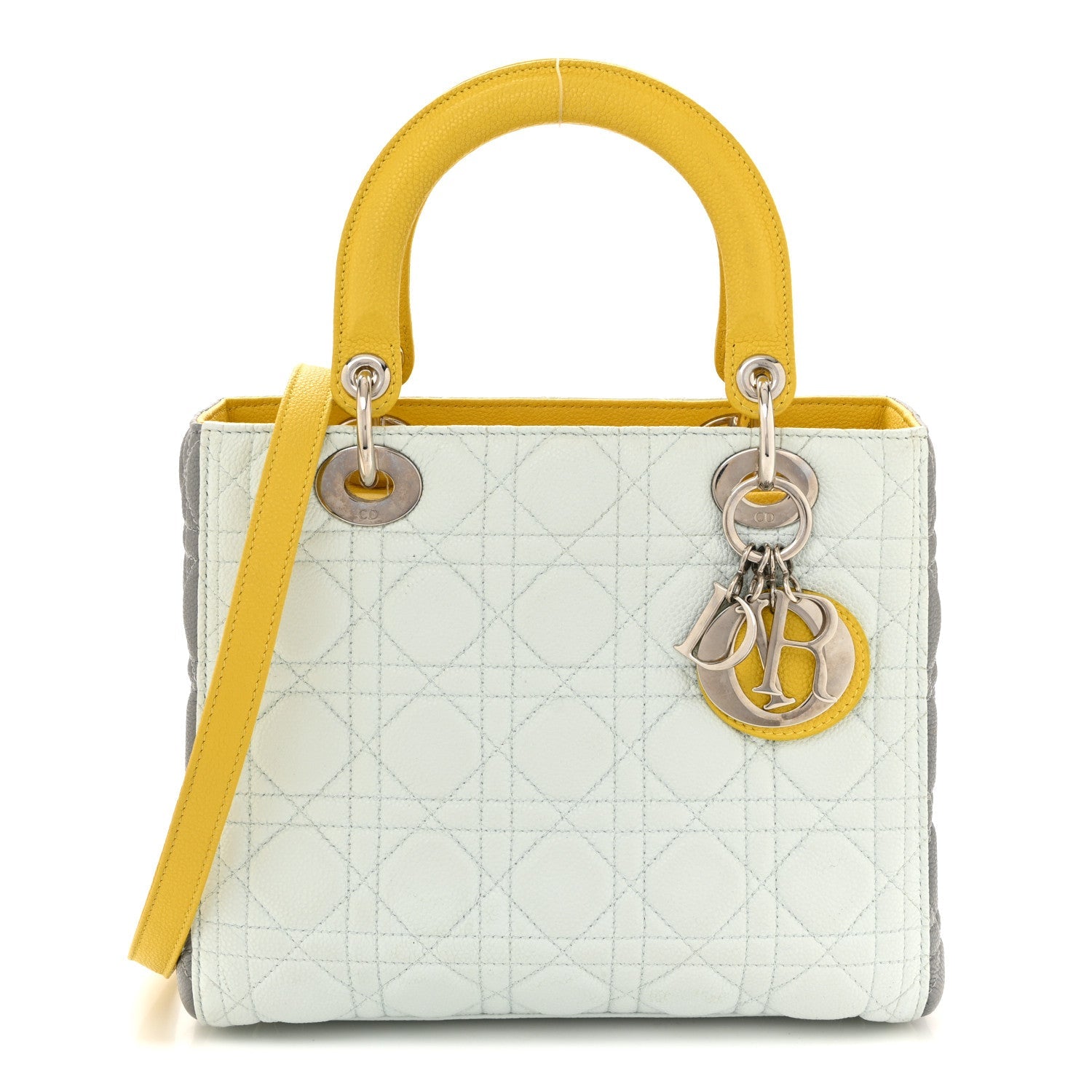 Grained Calfskin Cannage Medium Tri-Color Lady Dior Light Blue Grey Yellow