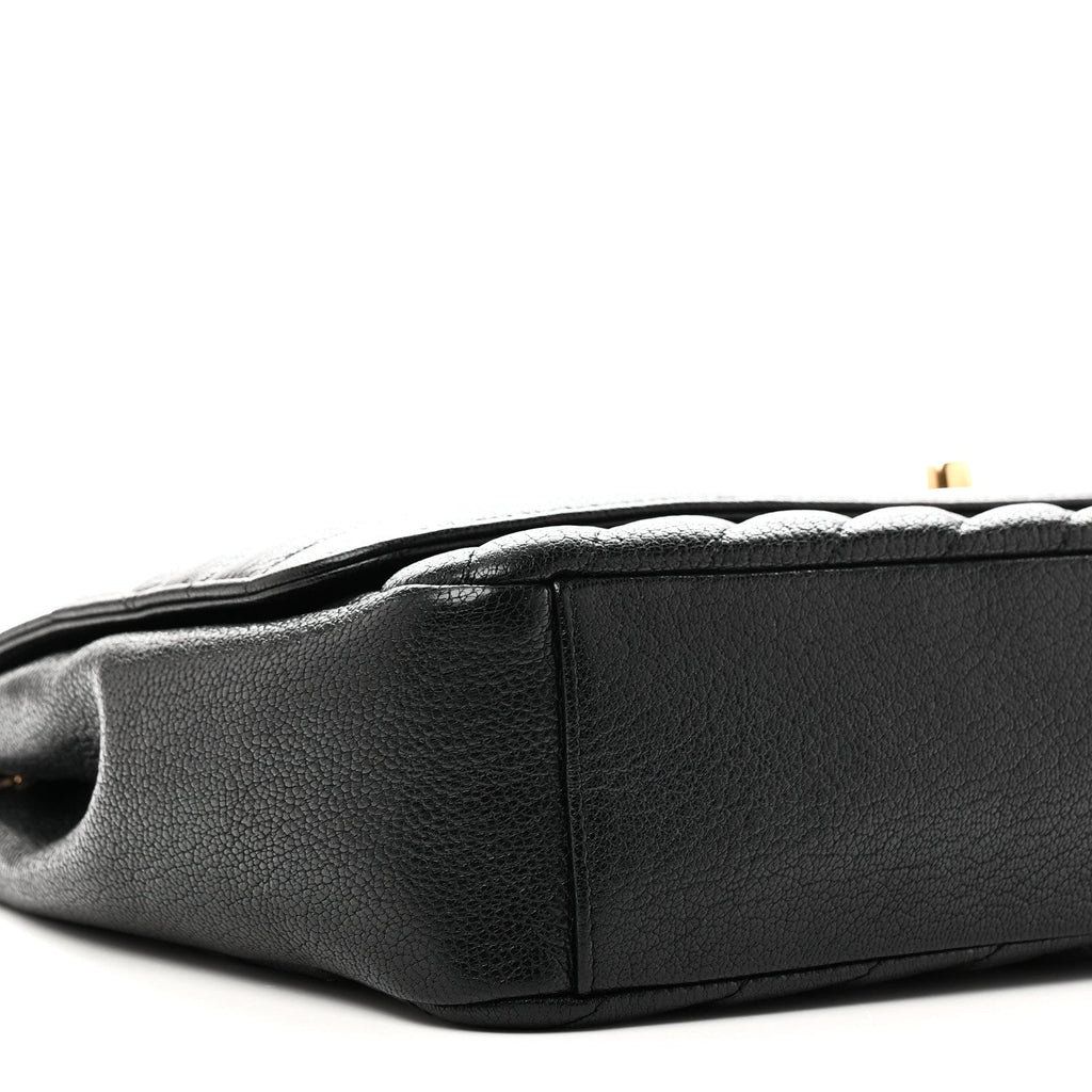 Shiny Goatskin Diagonal Quilted Large Flap Black