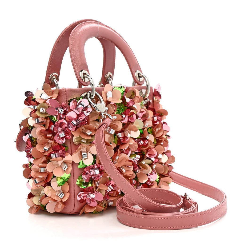 Calfskin Flower Charm Embellished Mini Lady Dior Pink