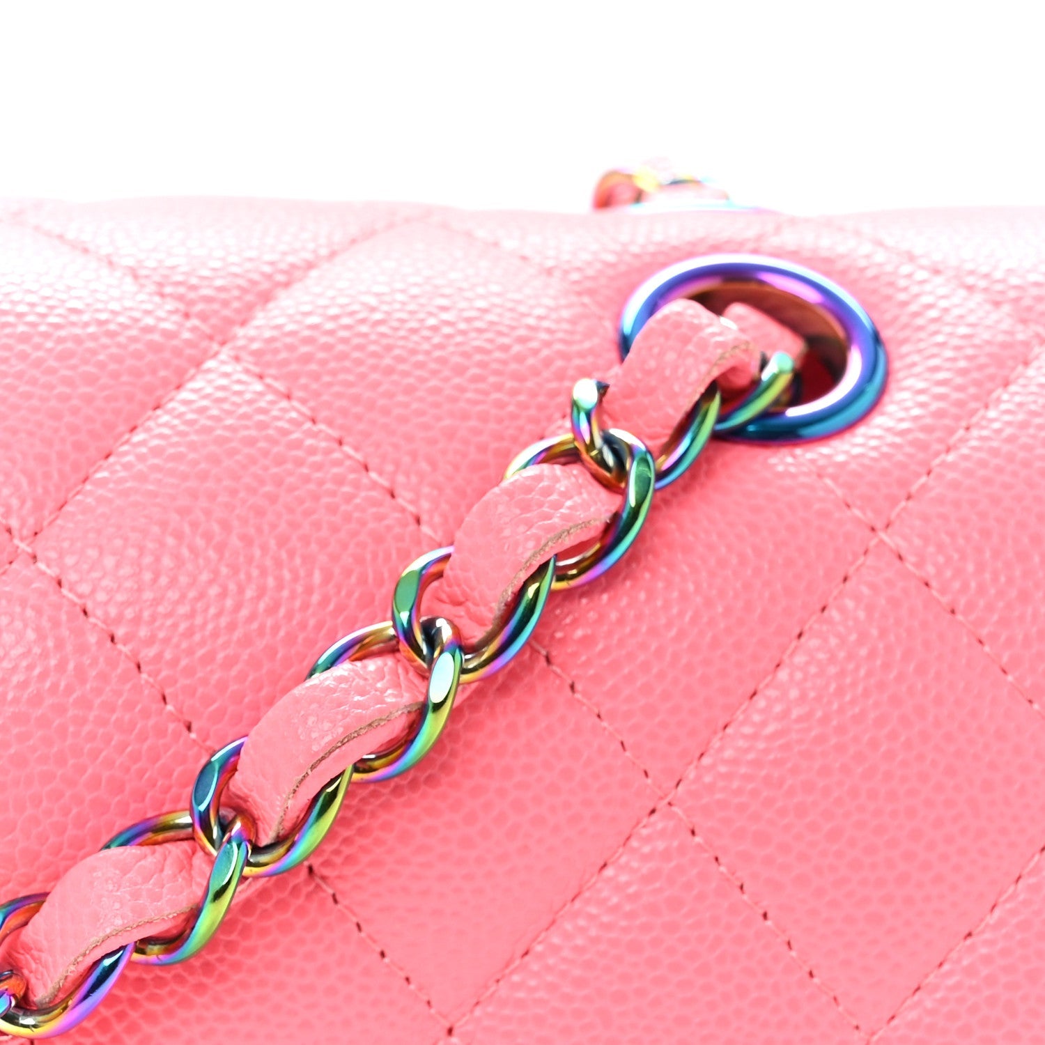 Caviar Quilted Rainbow Medium Double Flap Coral Pink