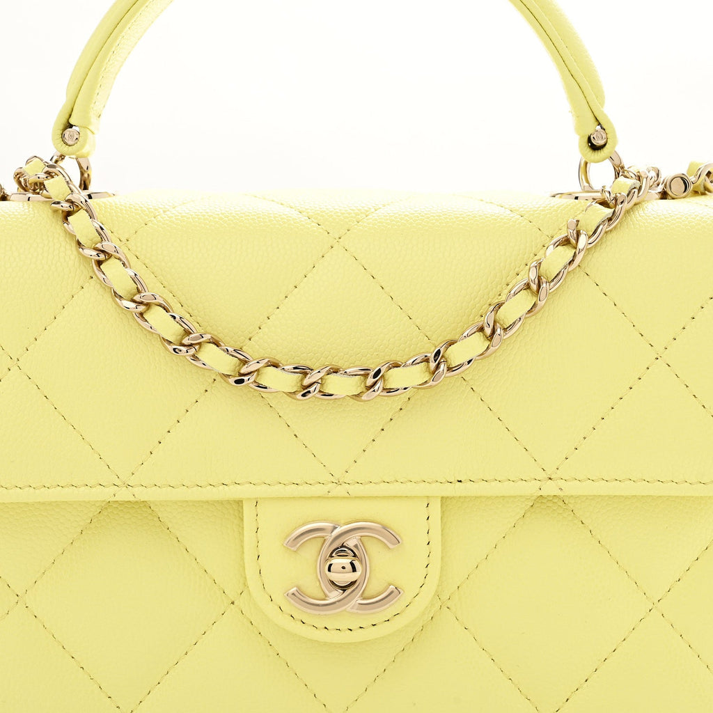 Caviar Quilted Retro Mini Twist Top Handle Clutch Flap Light Yellow