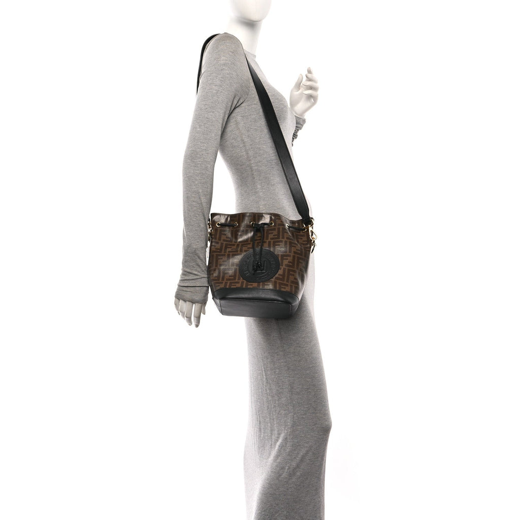 Glazed Fabric Vitello Grace F is Fendi FF 1974 Stamp Patch Grande Mon Tresor Bucket Bag Mogano Panna Black