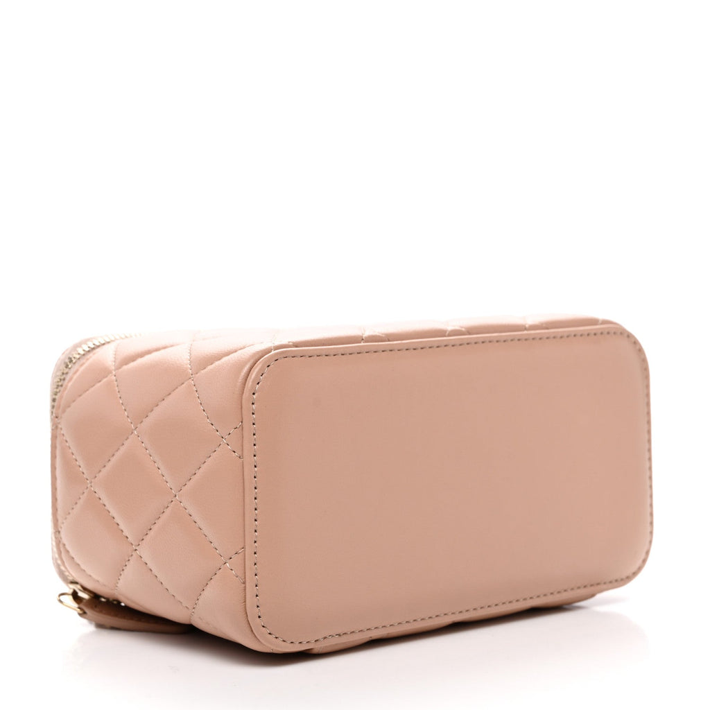 Lambskin Quilted Small Top Handle Vanity Case With Chain Beige